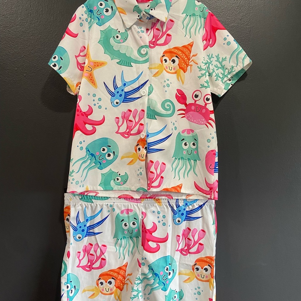 Colorful Sea Creature 2 Piece Faux Satin Outfit